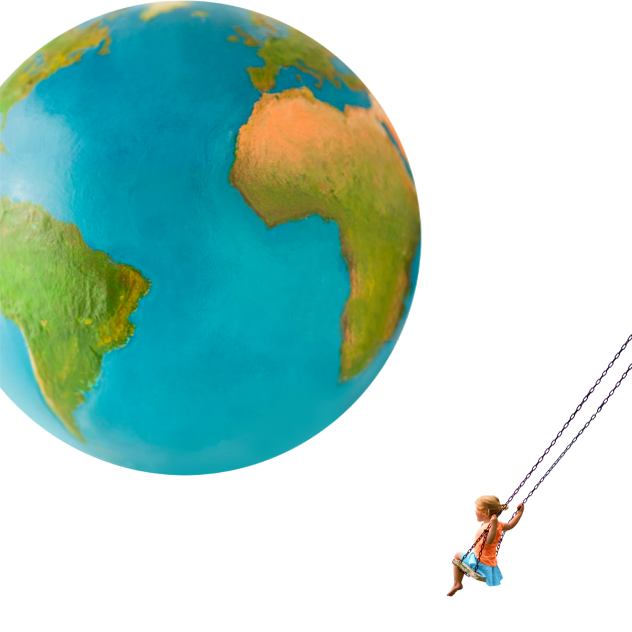 A young girl sits on a swing set while a giant earth globe looms above