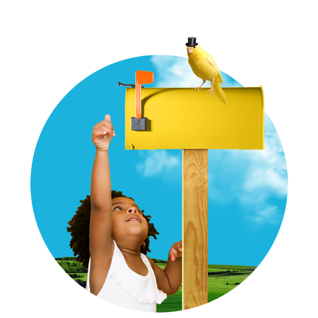 child checking yellow mailbox with a bird wearing a tiny tophat