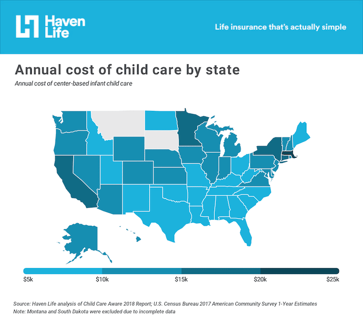 A map of the U.S. showing the scattered costs of annual childcare, from 5 to 25 thousand dollars