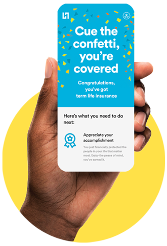 A mobile phone with a message that reads, 'Cue the confetti, you're covered'