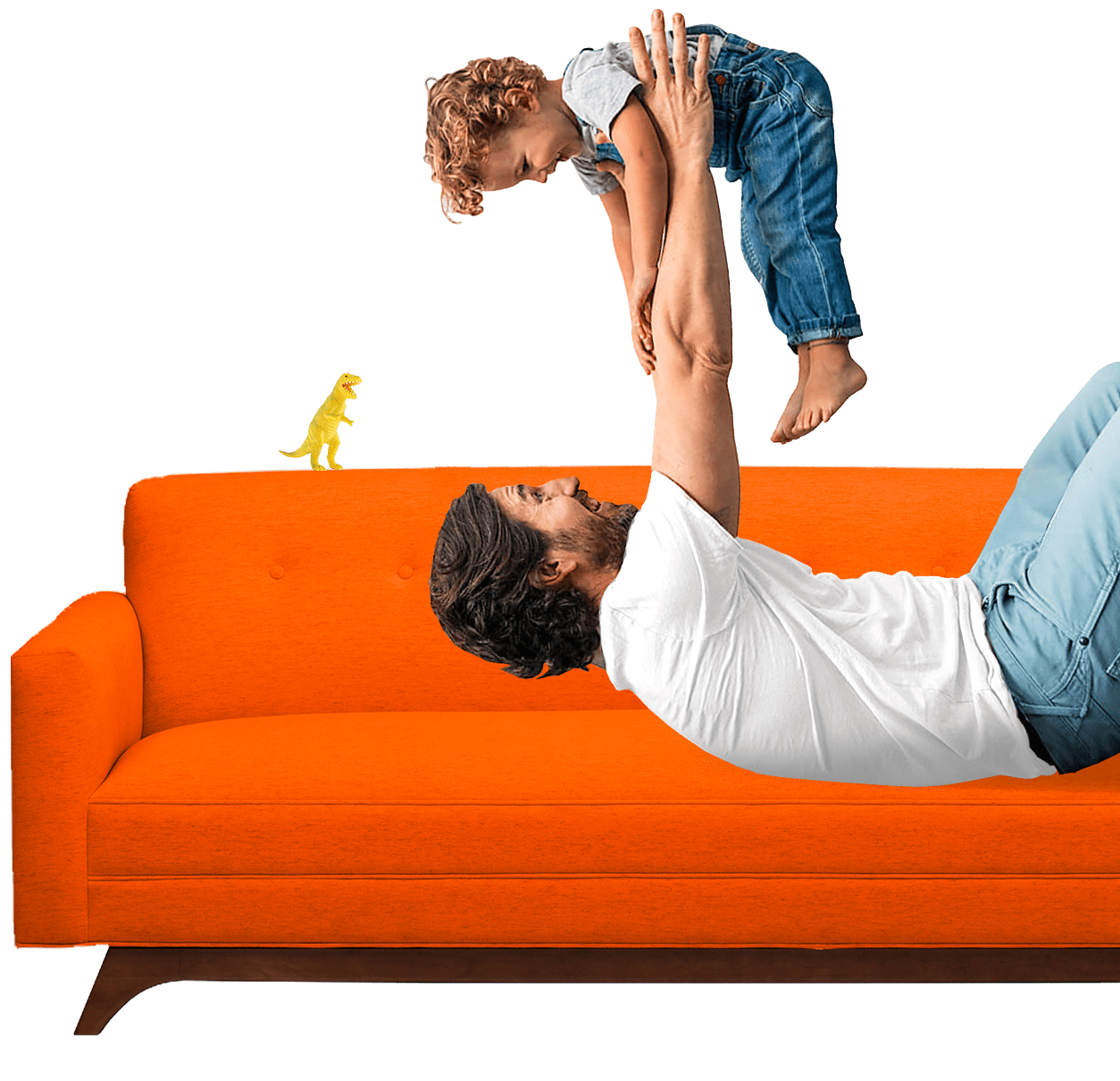 A man lying on an orange couch plays with a toddler